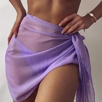 Женская юбка-накидка, однотонный полупрозрачный купальник из сетчатой пряжи, Женские накидки, Бикини с разрезом, накидка на шнуровке