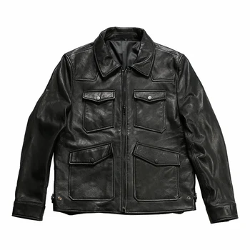 Бесплатная доставка, дешевая осенне-зимняя уличная мотоциклетная повседневная одежда из натуральной кожи с несколькими карманами, мужская черная куртка из козьей шкуры