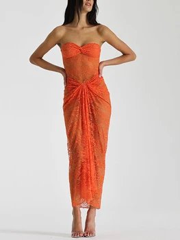 Женское Летнее кружевное платье-футляр Y2K с цветочным рисунком, прозрачной сеткой без бретелек и изюминкой спереди, платье миди без рукавов