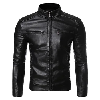 Мужская мотоциклетная куртка, тонкий стоячий вырез, облегающая кожаная повседневная и модная куртка на молнии