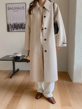Женское зимнее Элегантное Длинное шерстяное пальто, Куртка с поясом 2023, Женское однобортное Шерстяное пальто с отложным воротником, Верхняя одежда