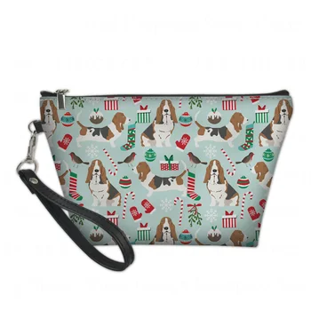 Рождественские сумки и чехлы для макияжа с принтом собаки Бассет-хаунд для женщин, органайзер для путешествий, косметичка из кожи с застежкой-молнией