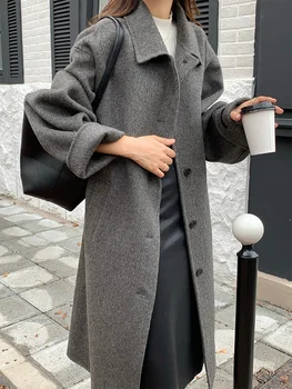 демисезонное зимнее однобортное двустороннее бархатное пальто с лацканами для женщин средней длины, нежное шерстяное пальто
