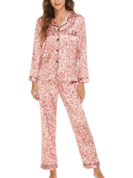 Женский Атласный пижамный комплект с кружевной отделкой, длинными рукавами и пуговицами спереди - Элегантная одежда для отдыха для новобрачных