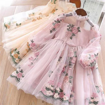 Элегантное платье с цветочным узором для девочек, свадебное платье Принцессы для вечеринки, Повседневная детская одежда, Кружевное платье с длинными рукавами, Детское платье Vestidos для 3-8 лет