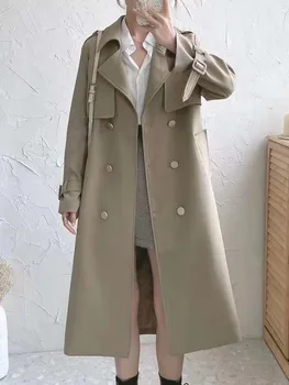 Темпераментная Двубортная Длинная Ветровка, приталенное пальто, новинка осени 2023, Корейская модная женская одежда