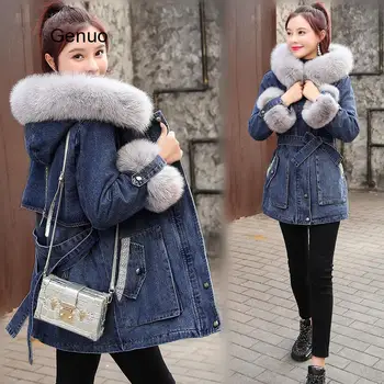 2020, Новинка Зимы, женская толстая джинсовая куртка из овечьего кашемира, Свободное теплое пальто, Повседневная женская джинсовая верхняя одежда в корейском стиле С капюшоном, топы