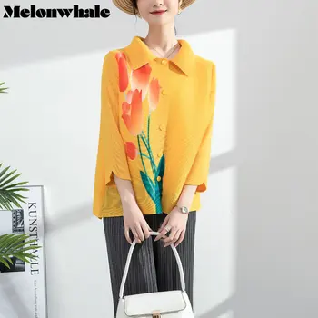 MelonWhale С цветочным принтом 2023, Летняя плиссированная куртка, пальто для женщин, Однобортные женские топы контрастного цвета с длинным рукавом