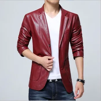 Мужской Красный Белый Черный Коричневый Кожаный Блейзер цвета Хаки для мужчин, куртка из искусственной кожи, пальто, Деловой Повседневный блейзер, Мужской Плюс Размер 6XL