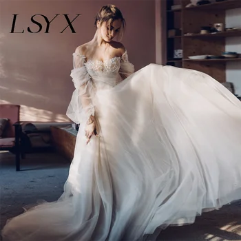 Свадебное платье Принцессы из тюля с Длинными Пышными рукавами LSYX Fairy С кружевным шлейфом и открытой спиной на заказ