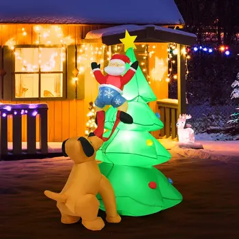 Надувные игрушки длиной 1,8 м Световая Рождественская елка с Санта-Клаусом и собакой Рождественские украшения для собак на открытом воздухе Рождественский Садовый декор