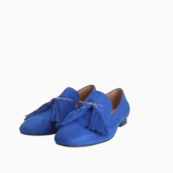 Синие Туфли-лодочки с кисточками на плоской подошве, Однотонные мужские лоферы с круглым носком, обувь на квадратном каблуке, летние и весенние Туфли Большого Размера, Zapatillas Mujer