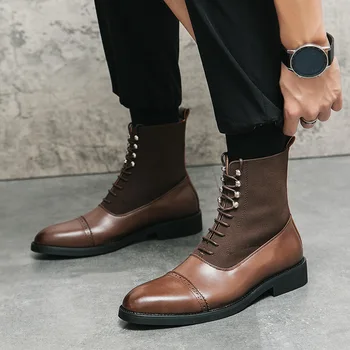 Осенне-зимние кожаные ботинки в деловом стиле, Большие размеры, модные ковбойские сапоги в полоску, британские однотонные короткие ботинки с высоким берцем PX083