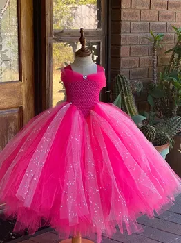 Ярко-розовое платье-пачка, Детское потрясающее вязаное крючком тюлевое платье Принцессы, Детский костюм для Вечеринки в честь Дня рождения, Вечерние платья для девочек