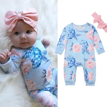 0-24 м Одежда для новорожденных девочек, Хлопковый комбинезон с длинными рукавами и цветочным Рисунком, комбинезон, детский комбинезон, повязка на голову, комплект одежды для девочек